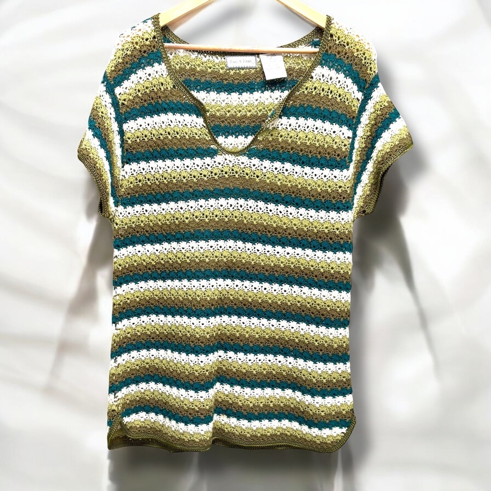 Gorgeous Vintage Knit & Pearl Crochet Olive/Teal/Cream Sweater Sz XL